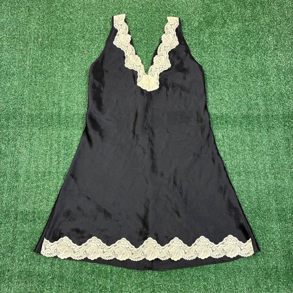 Vintage Inner Moods Black Satin Lace Trim Slip‎ Dress